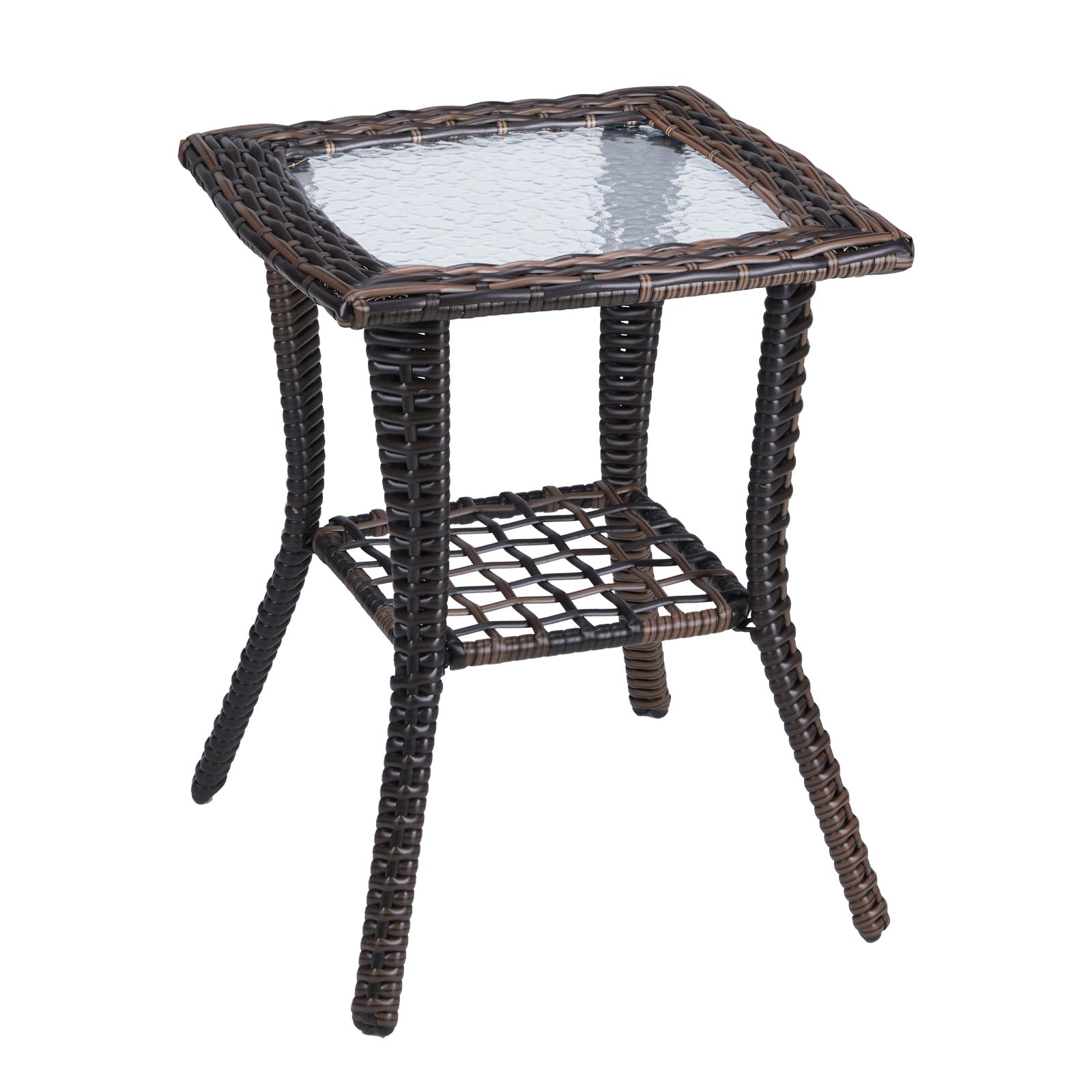 VINGLI Outdoor Side Table with Storage Wicker Patio Side Table, Tempered Glass T
