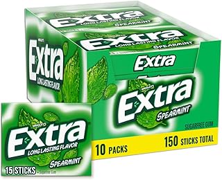 EXTRA Gum Spearmint Sugarfree Chewing Gum Bulk, 15 Count, 10 Pack | Long Lasting Mint Flavor for Fresh Breath, Individually Wrapped Packs for Sharing, Great for School, Work and Travel
