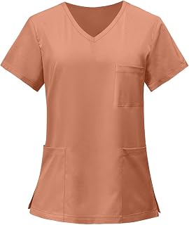 Women's Short Sleeve V Neck Scrub Top Work Tunic Top with Pockets