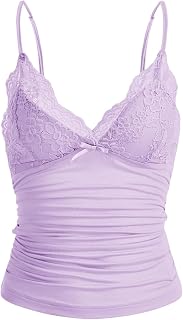 Naileksi Women Y2k Lace Trim Cami Top Spaghetti Strap Fairy Grunge Tank Top V Neck Ruched Bow Lace Patchwork Cami Shirt