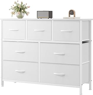 OLIXIS 7 Drawer Fabric Dresser, Storage Tower for Bedroom and Closet | White Easy-Pull Bins for Closet Organizers, Chest of Drawers with Sturdy Steel Frame & Wooden Top for Living Room, Entryway