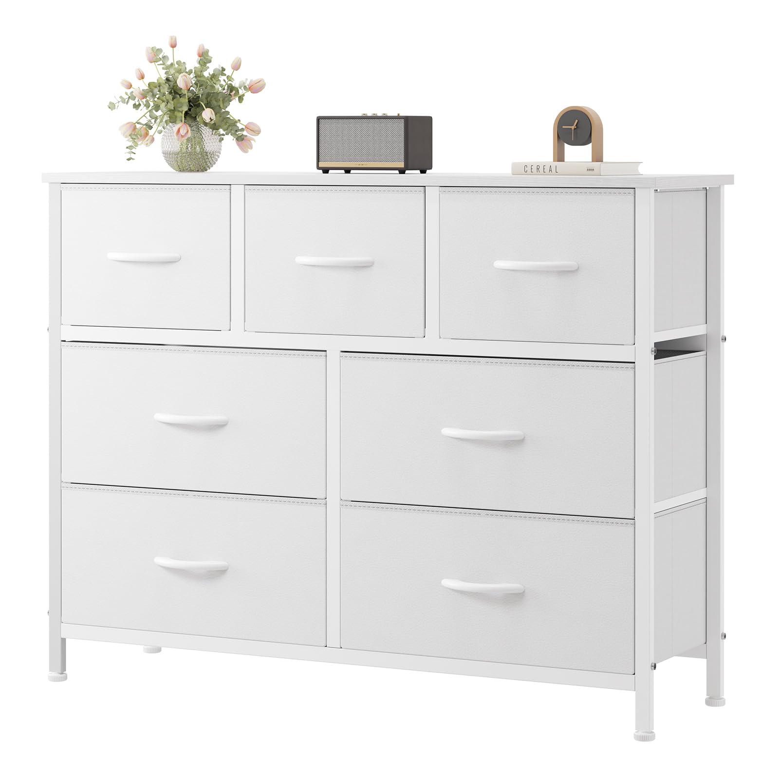 OLIXIS 7 Drawer Fabric Dresser, Storage Tower for Bedroom and Closet | White Eas