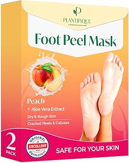 PLANTIFIQUE Foot Peel Mask, Dermatologically Tested Foot Treatment, 2 Pairs | Removes Dead Skin & Repairs Heels for Soft Feet – Gift for Women & Men, Peach Scent