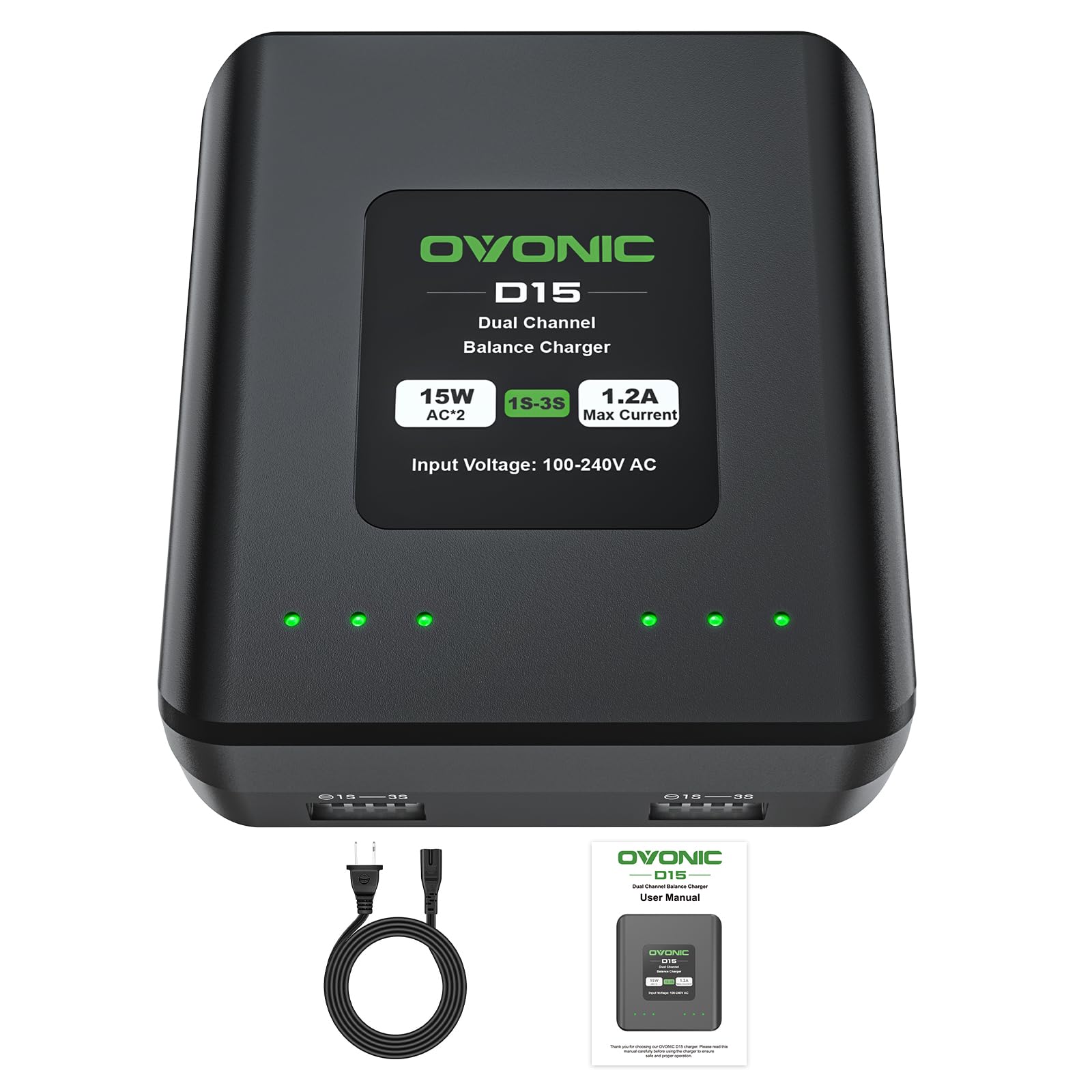 OVONIC D15 Dual LiPo Charger AC 15W 1.2A for 1S-3S (3.7V, 7.4V, 11.1V) LiPo RC B
