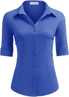 HOTOUCH Women's Basic Button Down Shirts 3/4 Sleeve Business Dress Shirts
