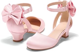 Coutgo Girls Dress Shoes Flower Girl Shoes with Cute Bow Closed Toe Chunky Heel Satin Wedding Party Pumps