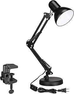 TORCHSTAR Metal Desk Lamp, Adjustable Swing Arm, E26, Black | Architect Gooseneck Multi-Joint Clip Table Lamp with Plastic Clamp, for Home Office, Work, Study, Reading, Bulbs not Included