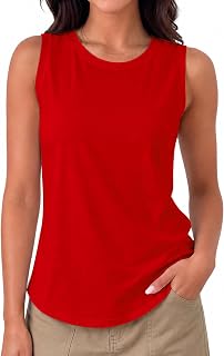 AURUZA Womens Tank Tops Crew Neck Sleeveless Longline Loose Fit Flowy Basic Summer Tunic Blouses Red