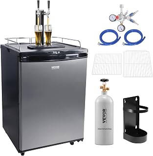 VEVOR Beer Kegerator, Dual Tap Draft Beer Dispenser, Full Size Keg Refrigerator With Shelves, CO2 Cylinder, Drip Tray & Rail, 32°F- 75.2°F Temperature Control, Holds 1/6, 1/4, 1/2 Barrels, Silver
