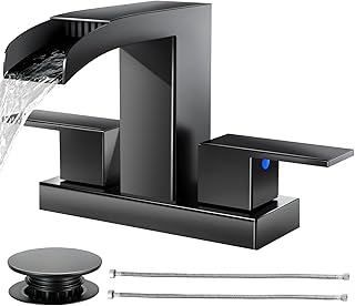 Cobbe Waterfall Bathroom Faucet, Matte Black 4 Inch Centerset 2 or 3 Hole | Bathroom Sink Faucet Square with Pop-Up Drain, 2 Handle and 2 Supply Hoses, Lead-Free Stainless Steel for Vanity Sink Rv