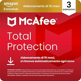 McAfee Total Protection - 3 Dispositiv 2026, 15 mesi, Esclusiva Amazon | Antivirus, VPN gestore delle password, software di sicurezza| Abbonamento con rinnovo automatico, Scarica