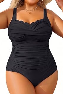 Aqua Eve Womens Plus Size Tummy Control Retro Scalloped Crossover Front One Piece Swimsuit