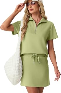 GRECERELLE Women's 2 piece summer skirt set, short sleeve half zipper top and tennis skirt with pockets for sports and vacation.