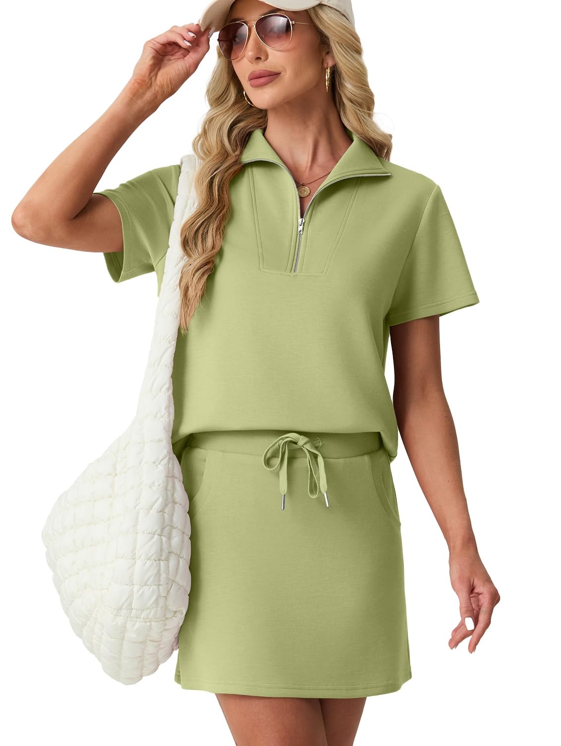 GRECERELLE Women's 2 piece summer skirt set, short sleeve half zipper top and te