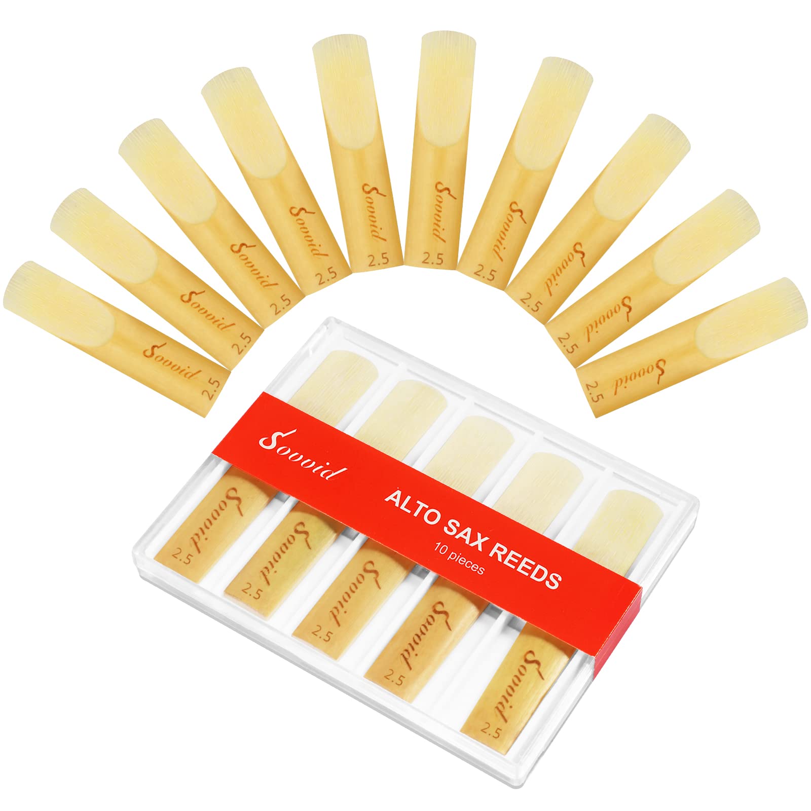 Sovvid 10 Pack Professional Alto Saxophone Reeds with Plastic Box, Strength 2.5 