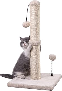 MECOOL Cat Scratching Post Premium Basics Kitten Scratcher Sisal Scratch Posts with Hanging Ball 22in for Kittens or Smaller Cats (22 inches for Kitten, Beige)