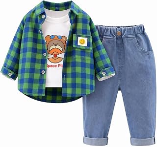 OrJana 3-Piece Children's Clothing Set, Checked Shirt, White Long Sleeve T-Shirt, Blue Jeans