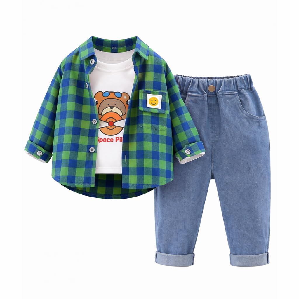 OrJana 3-Piece Children's Clothing Set, Checked Shirt, White Long Sleeve T-Shirt
