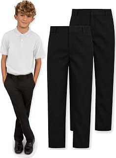 2 Pack Boys School Trousers, Adjustable Waist, Regular Fit, Ages 3-18 Years | 2 pairs per pack, hidden adjustable waist, flat front, Teflon-free easy-care twill, school uniform, sizes 3-4 to 17-18 years