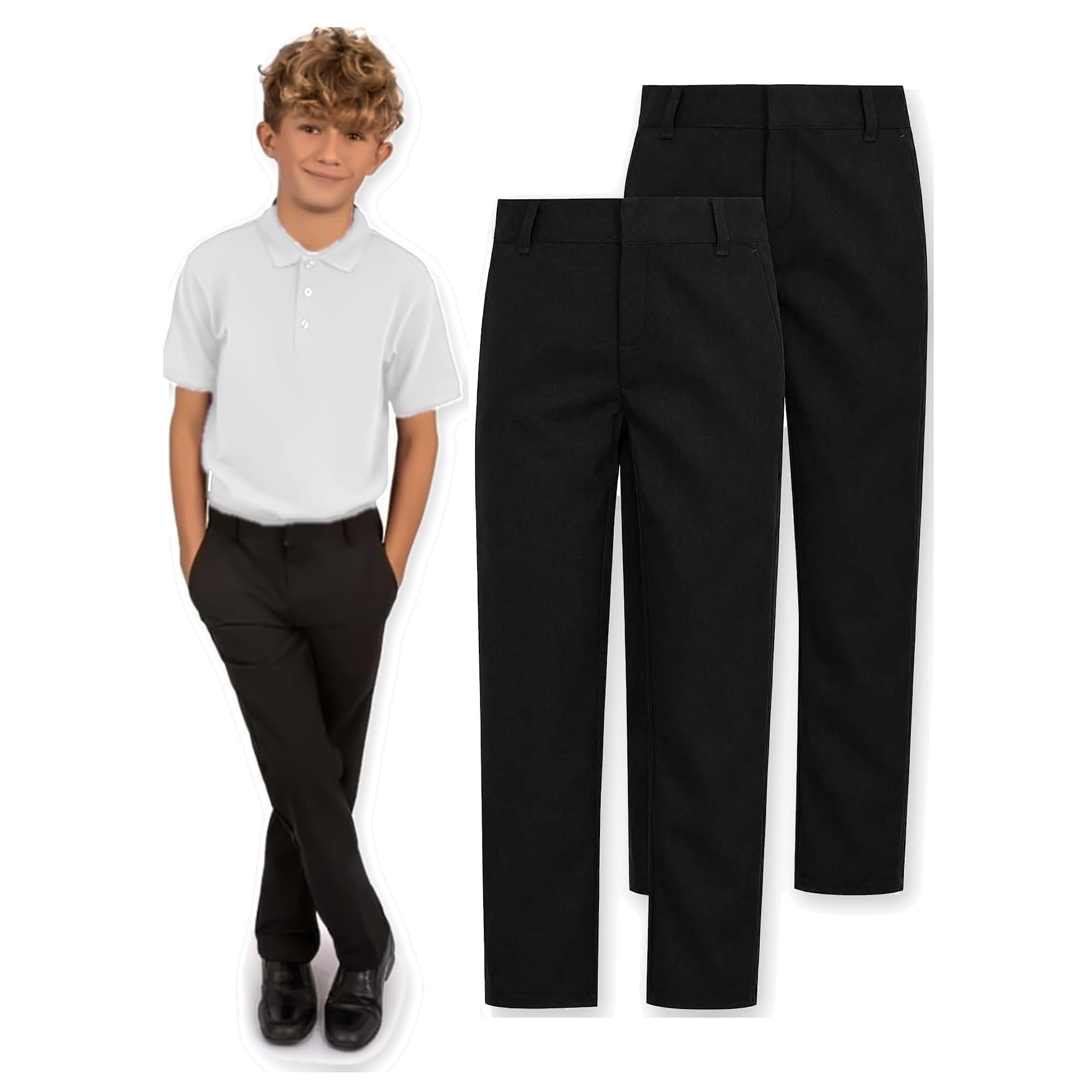 2 Pack Boys School Trousers, Adjustable Waist, Regular Fit, Ages 3-18 Years | 2 