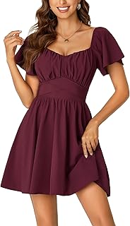 Rooscier Womens Ruffle Back Square Neck Ruffle Short Sleeve Flared Mini Dress
