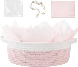 OIAHOMY Gift Basket Empty with Handle, 12"x 8"x 5" Small Woven Basket with Gift Bag, Ribbon and Wrap Tissue Paper, Dog Toy Storage for Organizing - Pink &amp; White