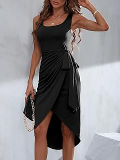 Women Sleeveless Casual Wrap Knee Length Midi Dress Side Split Summer Club Dress