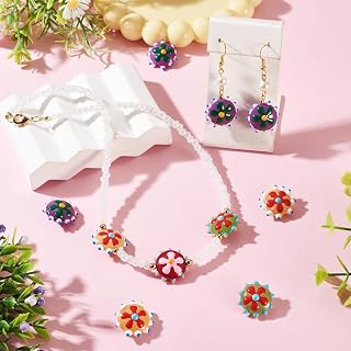 5Pcs Handmade Lampwork Beads Bumpy Flat Round with Flower Glass Beads for DIY Jewelry Making Necklace Bracelet Earrings Keychains Crafts Supplies Valentine Birthday Mother Day Jewelry Gifts Assorted