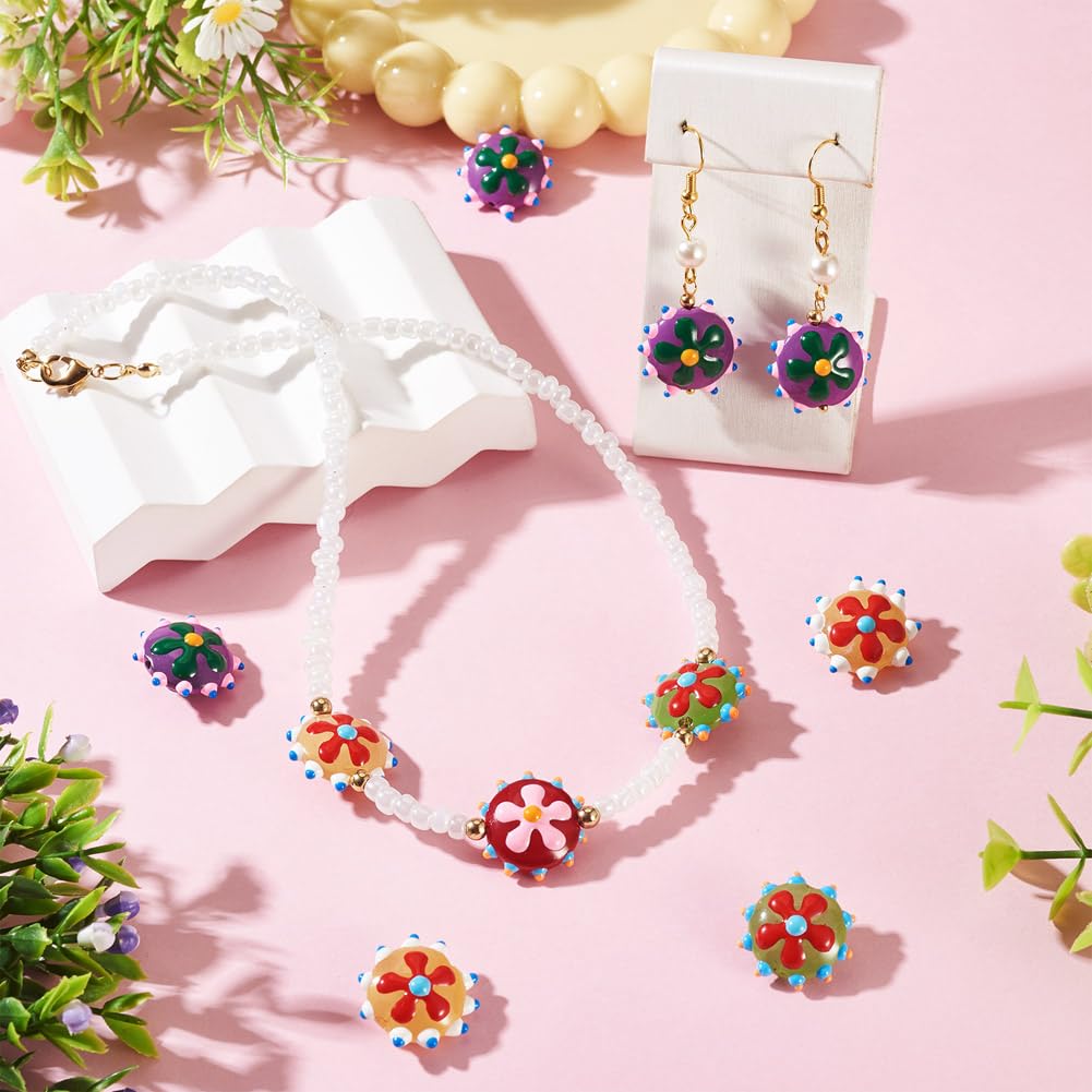 5Pcs Handmade Lampwork Beads Bumpy Flat Round with Flower Glass Beads for DIY Je