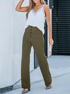 Women High Waist Wide Leg Button Front Stretch Casual Loose Work Trousers Straight Leg Trousers with Pockets