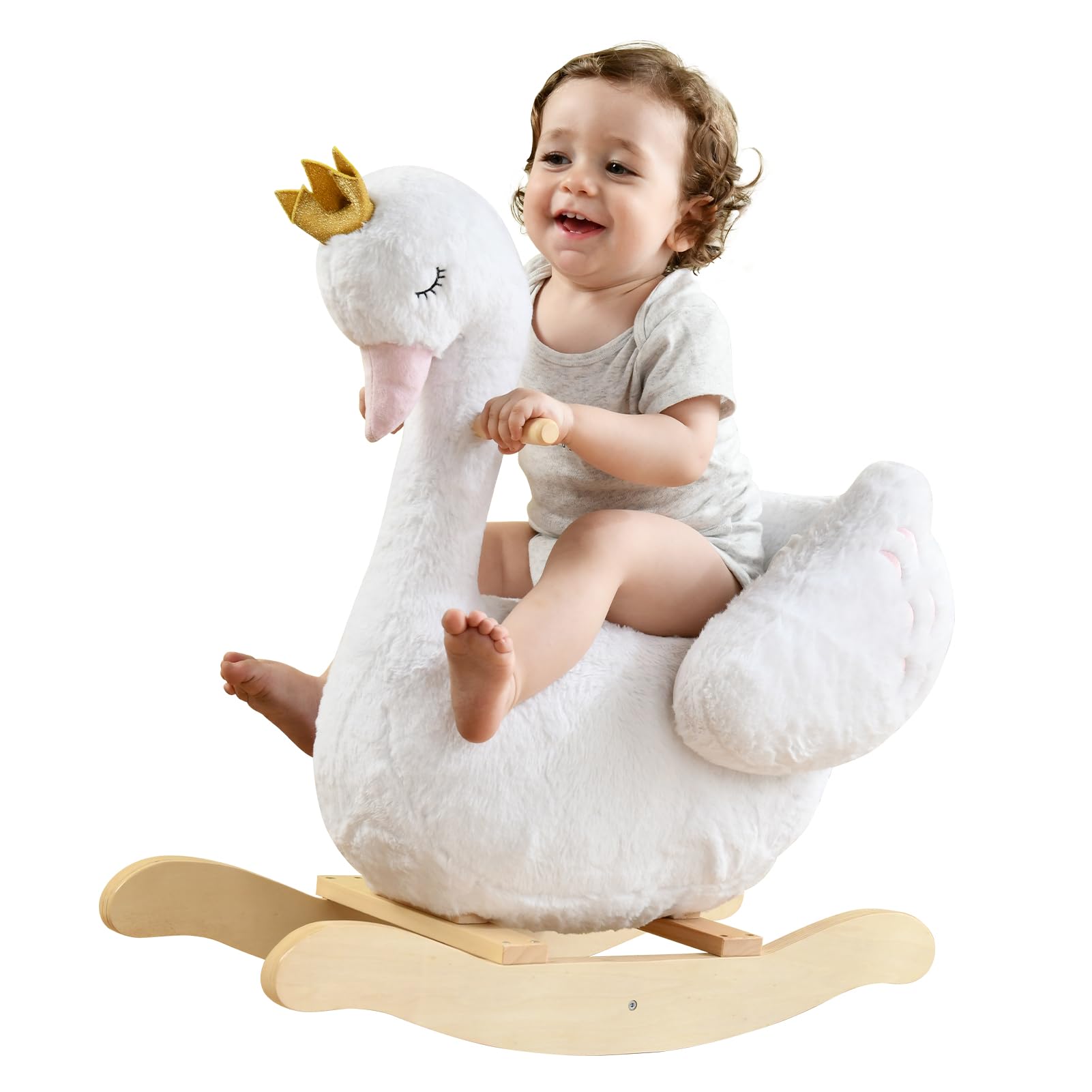 labebe Kids Rocking Horse White Swan, Stuffed Animal Wooden Rocker for Children 