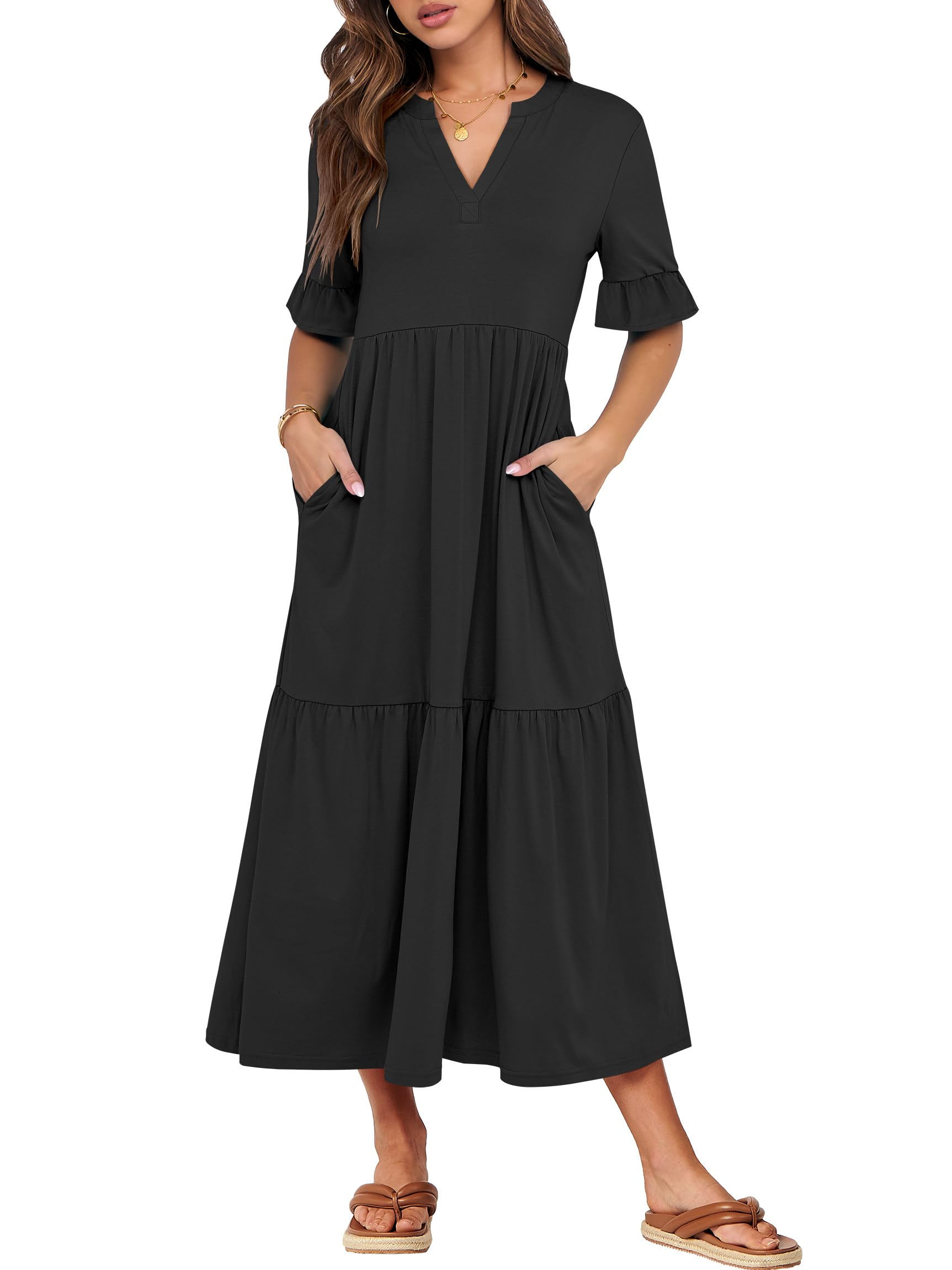 ANRABESS Womens Summer Casual Maxi Dresses Ruffle Short Sleeve Dress