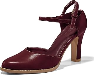 Coutgo Zapatos de tacón alto grueso para mujer, con puntera cerrada, correa al tobillo, estilo vintage D'Orsay
