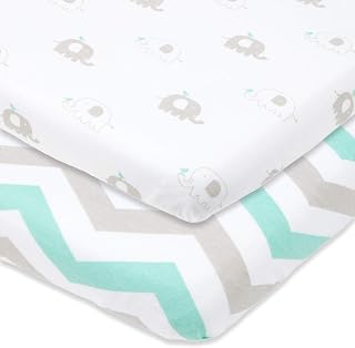 Pack and Play Sheets Fitted for Graco Pack n Play Playard, 2 Pack | 100% Cotton, OEKO-Tex certified, Jersey knit, breathable, super soft 27x39 pack n play sheets for playpen porta crib mattress