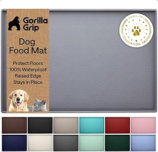 GORILLA GRIP Dog Food Mat, 100% Waterproof Silicone, 18.5x11.5 Gray | Raised Edge Pet Feeding Mat, BPA Free, Contain Spills, Protects Floors, Placemats for Cats and Dogs Water Bowl