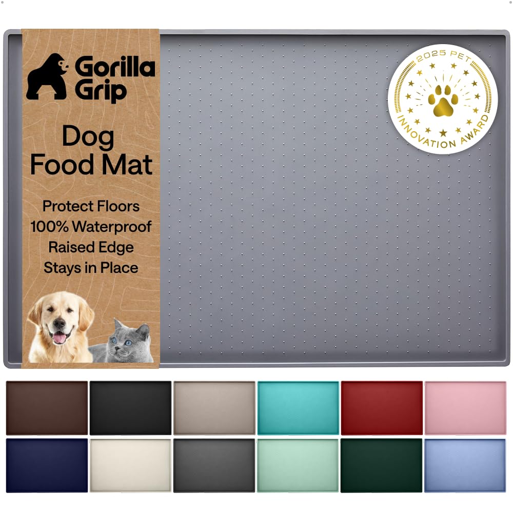 GORILLA GRIP Dog Food Mat, 100% Waterproof Silicone, 18.5x11.5 Gray | Raised Edg