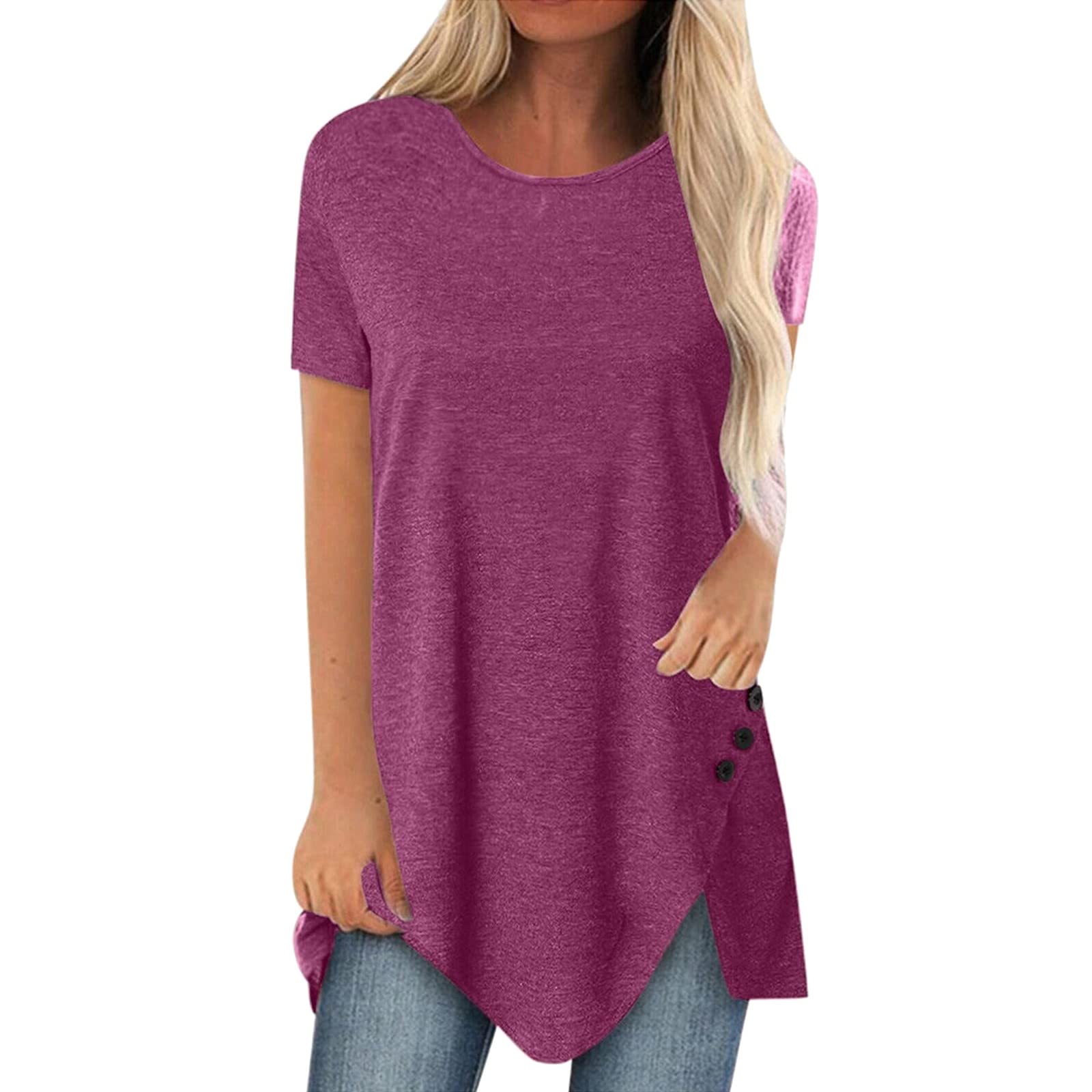 Blouses and Shirt Long Tops for Women Short Sleeve Loose Print Round Neck Latest