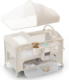 Obee Odee Baby Bassinet, Pack n Play, Bedside Crib Sleeper, Diaper Changer | Large Size Pack and Play, Includes Mattress, Mosquito Net, Storage Basket and Toy Bar, Suitable for Newborn to Toddler