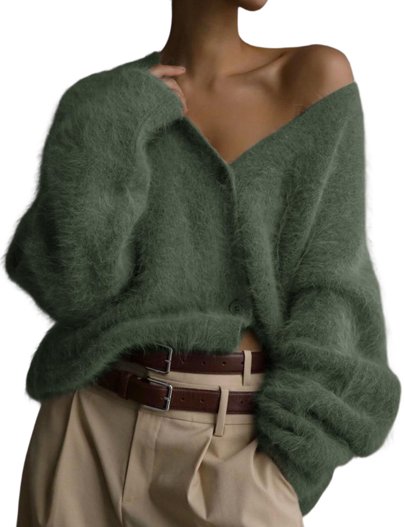 Yimoon Fuzzy Cardigan Sweater for Women V Neck Long Sleeve Button Down Loose Fuz