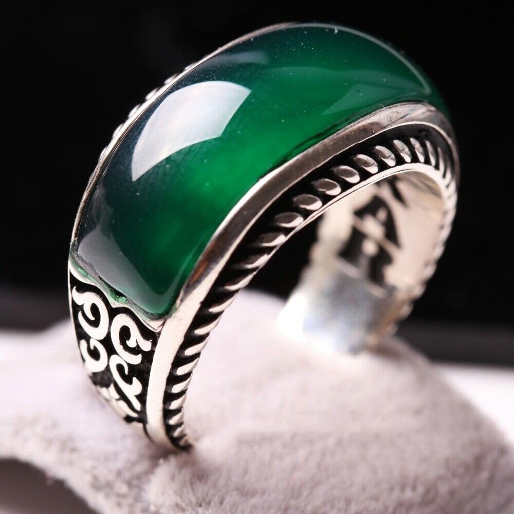 Sterling Silver Vintage Simulation Chalcedony Ring for Men, Handmade Polishing D
