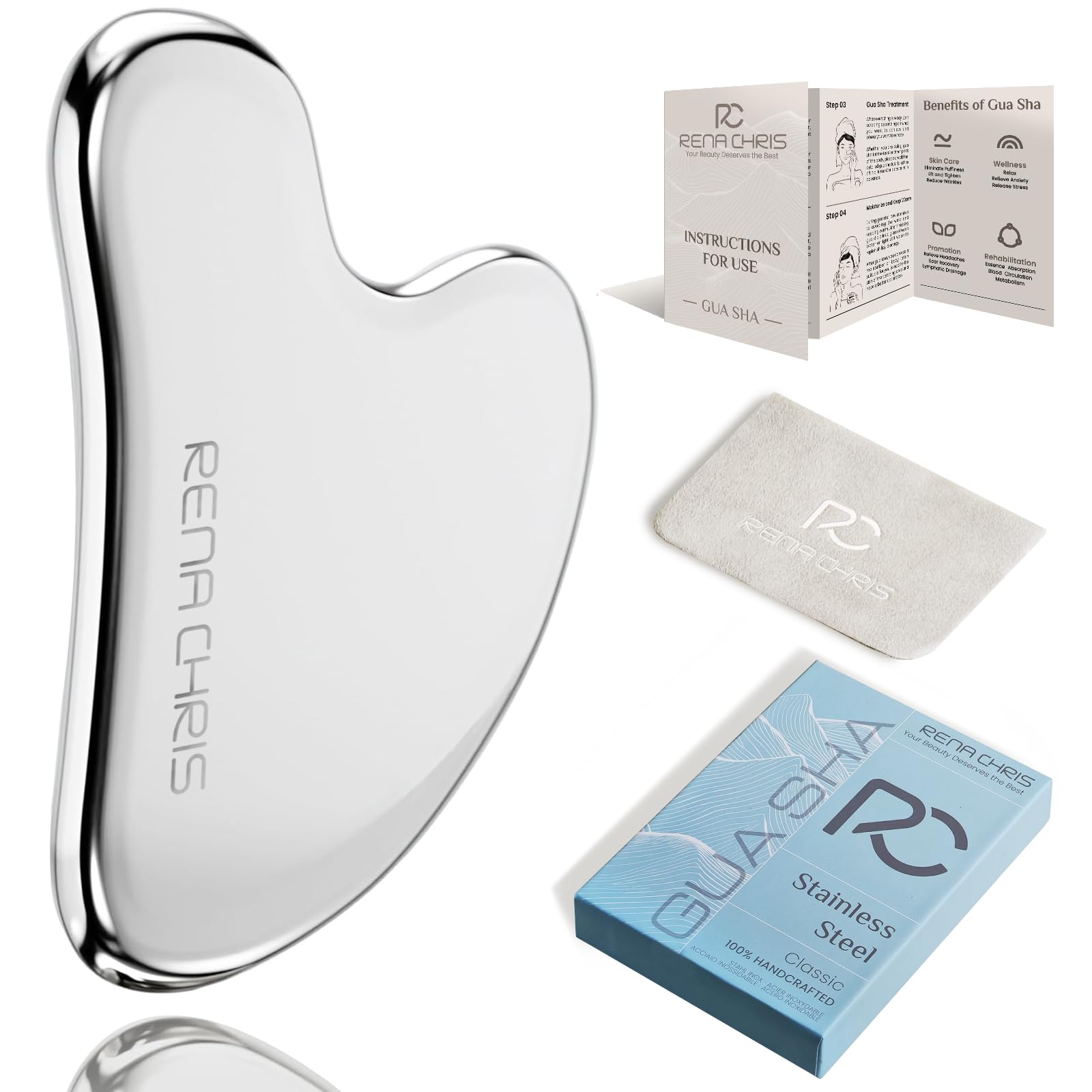 Rena Chris Gua Sha Facial Tools, Stainless Steel Gua Sha Stone, Face Guasha Tool