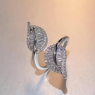 Luxury Leaf Opening Ring for Women Shiny Zirconia Adjustable Jewelry