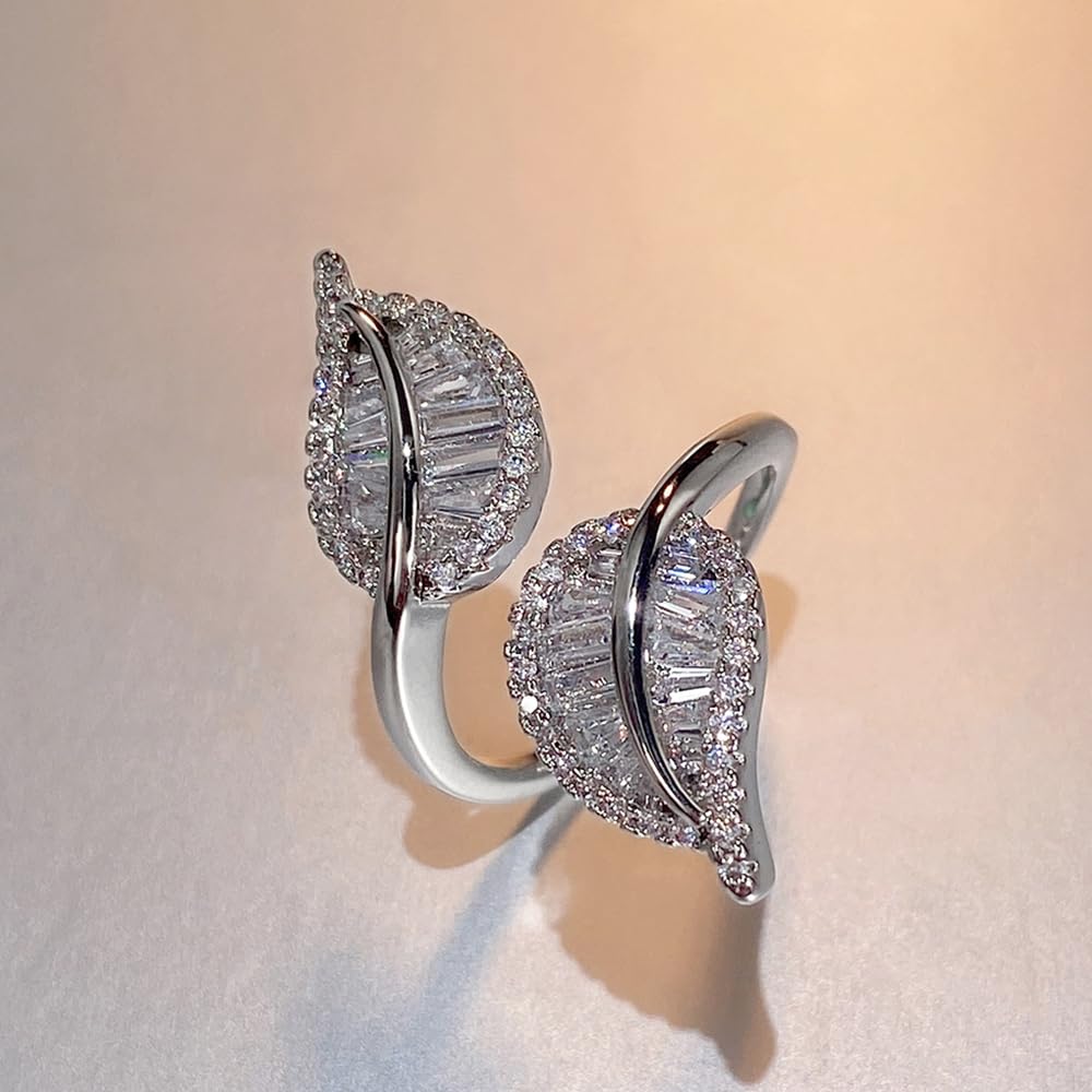Luxury Leaf Opening Ring for Women Shiny Zirconia Adjustable Jewelry