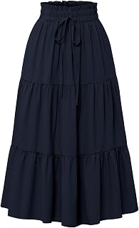 Women's Tiered Midi Skirt Elastic Waist Flowy A-Line Summer Boho Skirts
