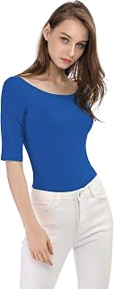 Allegra K Women's Half Sleeves Boat Neck Fitted Elbow Length Soft T-Shirt
