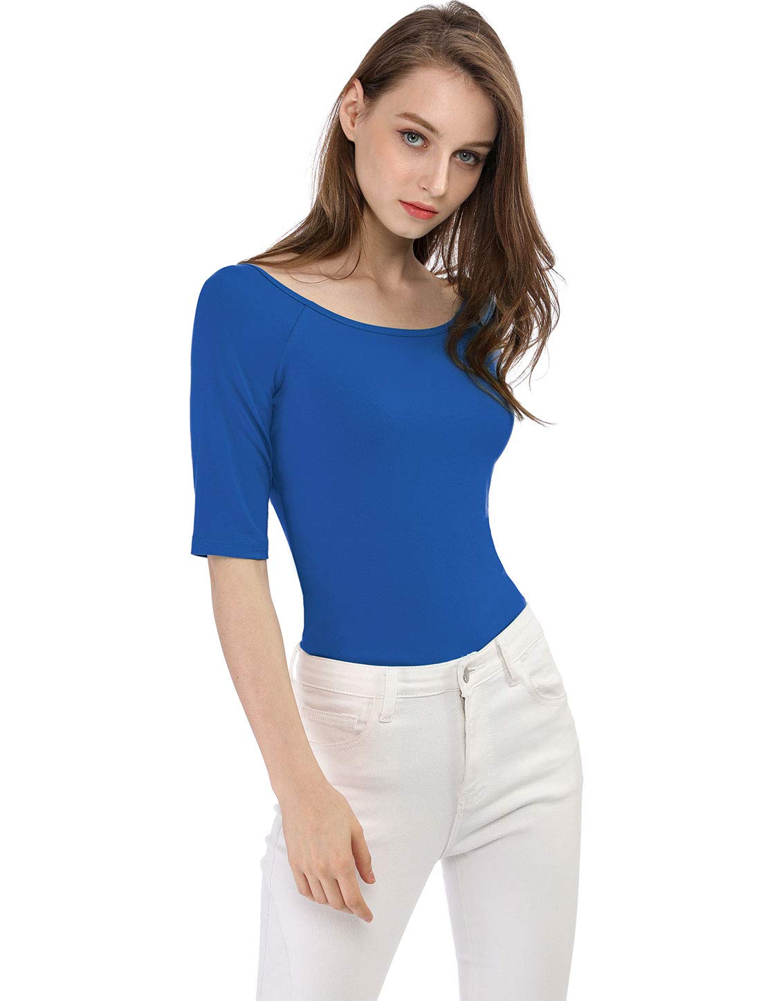 Allegra K Women's Half Sleeves Boat Neck Fitted Elbow Length Soft T-Shirt