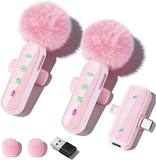 Bayanbulu Wireless Mini Lavalier Microphone for iPhone/Android, 2 Pack | 2 in 1 Lapel Pink Mic for Video Recording - Clip on Mics with Noise Reduction for Video YouTube TikTok Podcast Vlogging