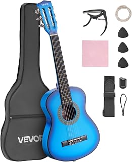 VEVOR Classical Guitar, 30 Inch, Wood Classical Guitar Starter Kit for Beginners, with Nylon Strings, Gig Bag, Strap, Tuner, Extra Strings, Picks, Capo, Basswood, for Kids Girls Boys Students, Blue