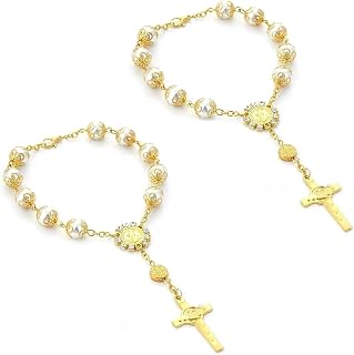 WZP 2PCS Car Rosary for Rearview Mirrors, Mini Steering Wheel Rosarys, Cross Rear View Mirror Accessories, Rosary for Mirror Hanging for Sedan, SUV, Truck (Gold)