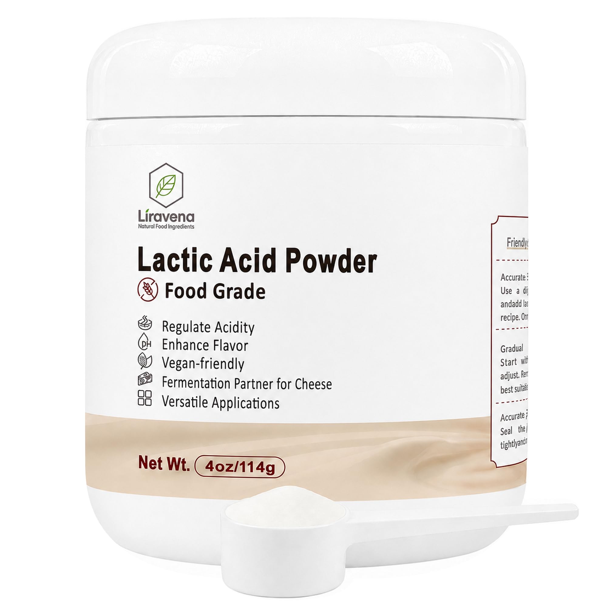 Liravena Lactic Acid Powder 4oz, Balanced Acidity for Baking and Cheese | Food G